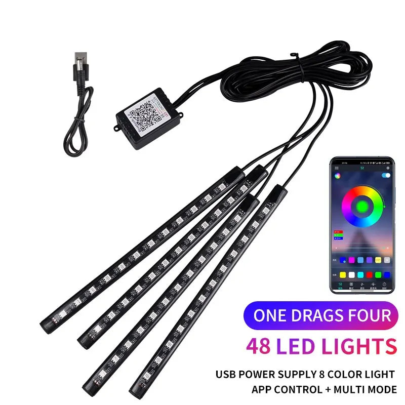 LED Autós Belső Hangulatvilágítás – USB-s RGB Neonfény Zenevezérléssel és Mobilalkalmazással