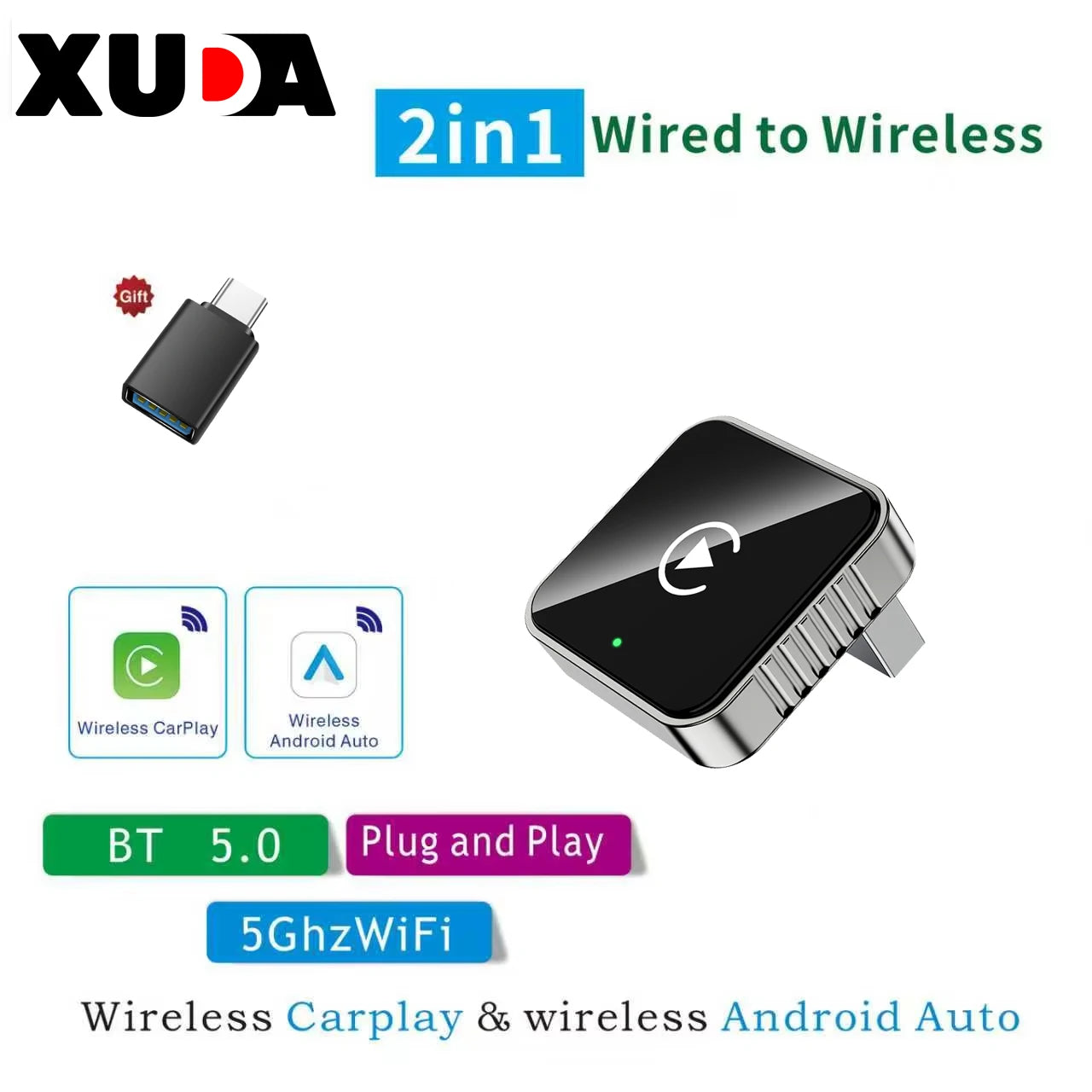 XUDA 2 az 1-ben Vezetékes-Vezeték Nélküli CarPlay Android Auto Adapter - USB Dongle, Plug & Play, Bluetooth
