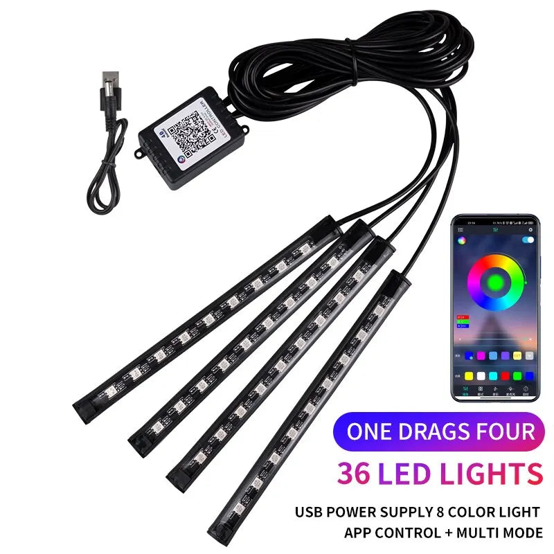 LED Autós Belső Hangulatvilágítás – USB-s RGB Neonfény Zenevezérléssel és Mobilalkalmazással