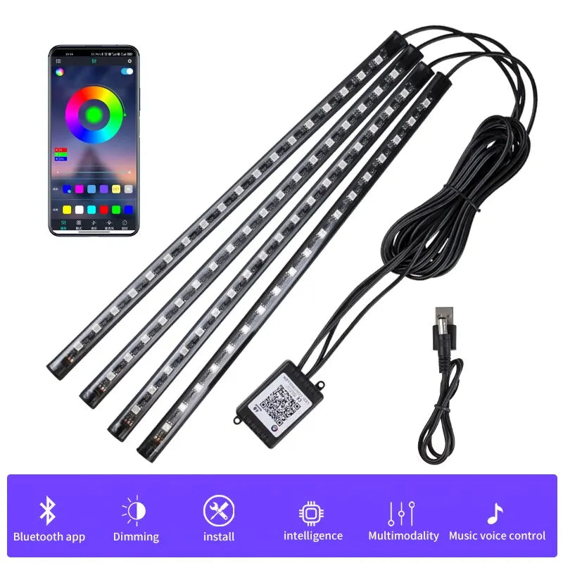 LED Autós Belső Hangulatvilágítás – USB-s RGB Neonfény Zenevezérléssel és Mobilalkalmazással