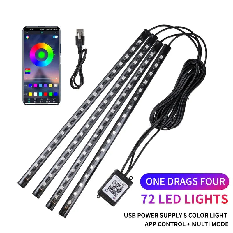 LED Autós Belső Hangulatvilágítás – USB-s RGB Neonfény Zenevezérléssel és Mobilalkalmazással