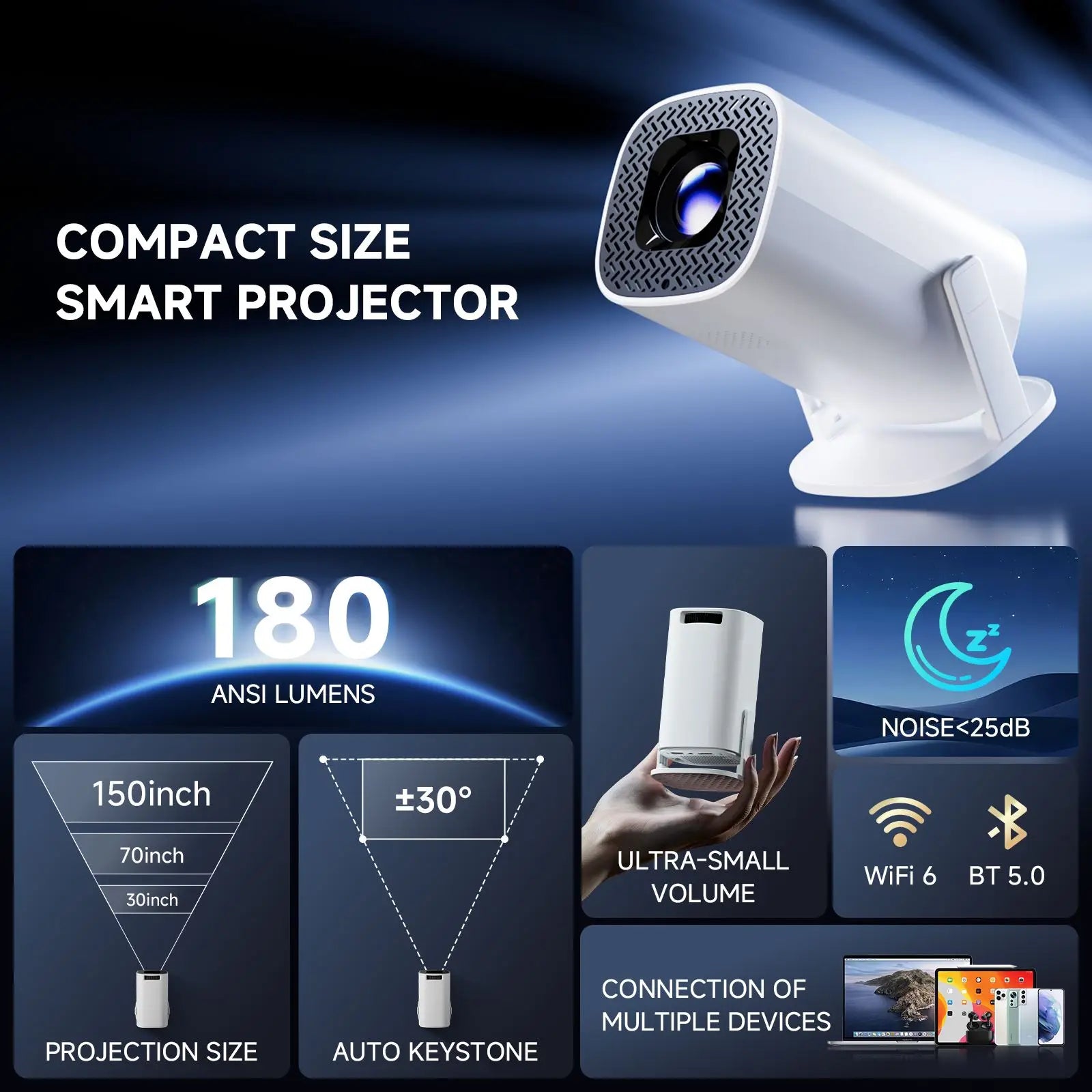 HONGTOP P30 PRO Okos Mini Projektor - Android 14, WiFi6, Bluetooth 5.0, 4K Támogatás, 720P HD Felbontás