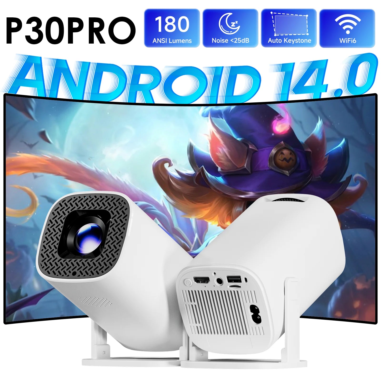 HONGTOP P30 PRO Okos Mini Projektor - Android 14, WiFi6, Bluetooth 5.0, 4K Támogatás, 720P HD Felbontás